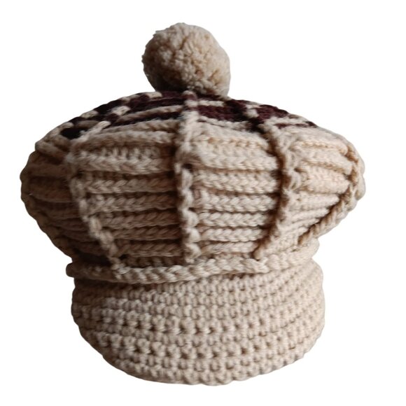 1OF1 OSFA Vintage Handmade Crochet Beret With Pom-Pom Striped Knit Cap unisex - Picture 2 of 8